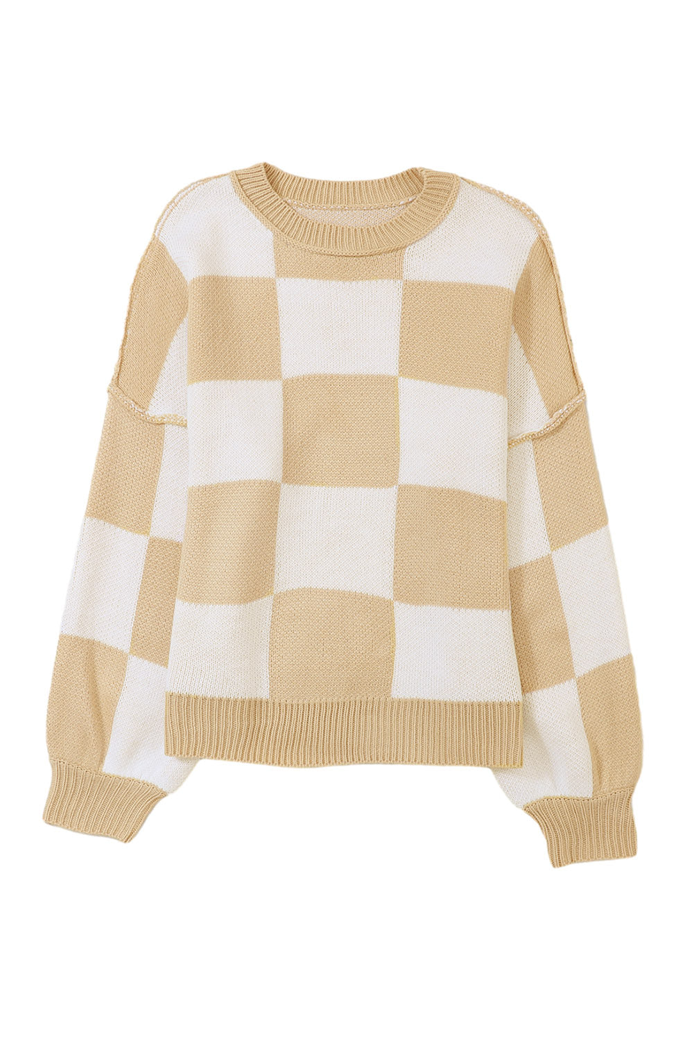 Pink Checked Bishop Sleeve Pullover Sweater