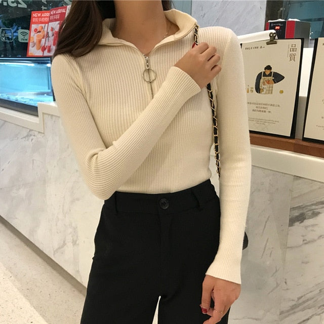 2021 Knitted Women Zipper High Neck Sweater Pullovers Turtleneck Autumn Winter Basic Women Sweaters Slim Fit Black Pull Femme