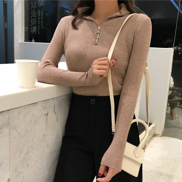 2021 Knitted Women Zipper High Neck Sweater Pullovers Turtleneck Autumn Winter Basic Women Sweaters Slim Fit Black Pull Femme