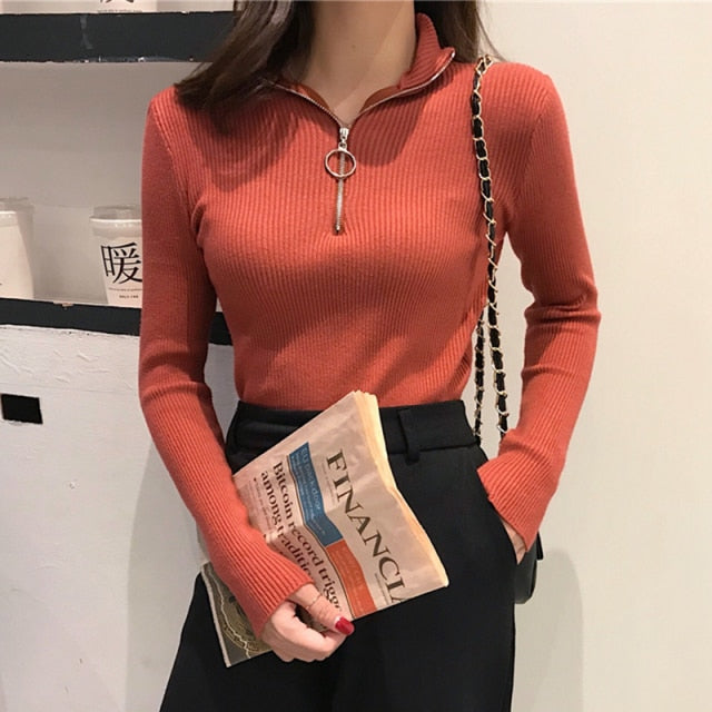 2021 Knitted Women Zipper High Neck Sweater Pullovers Turtleneck Autumn Winter Basic Women Sweaters Slim Fit Black Pull Femme