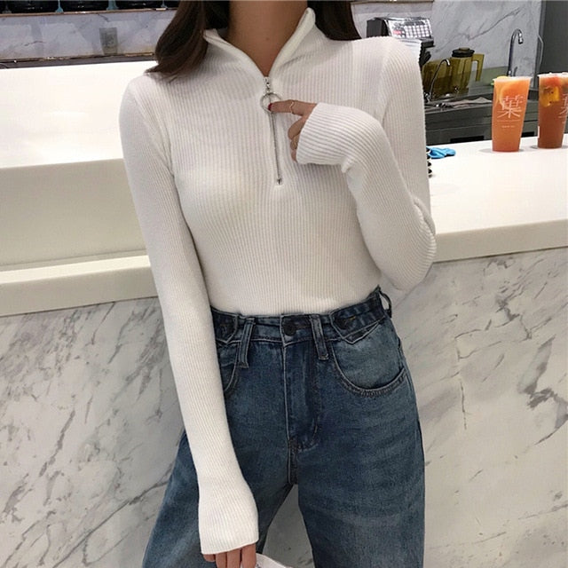 2021 Knitted Women Zipper High Neck Sweater Pullovers Turtleneck Autumn Winter Basic Women Sweaters Slim Fit Black Pull Femme