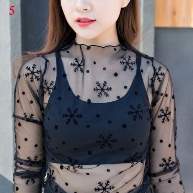 2020 Fashion Brand New Hot Women Sexy Long Sleeve See Through Mesh Fishnet Casual Top Tee Shirt Sheer Black Lace Star Dots