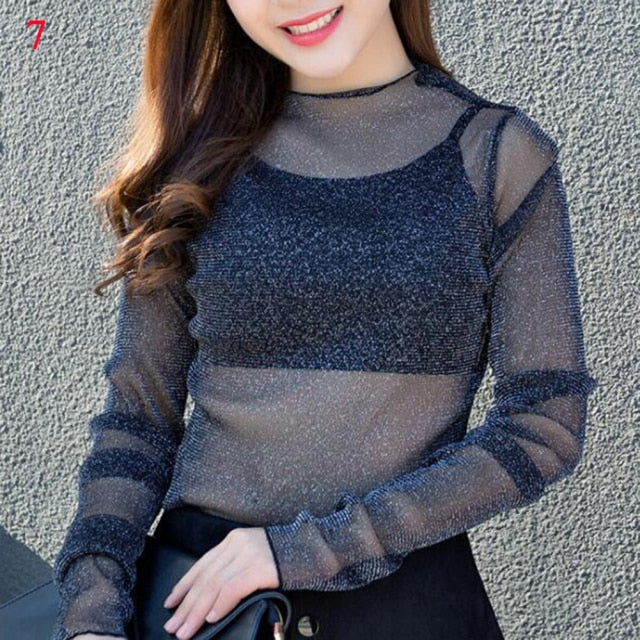 2020 Fashion Brand New Hot Women Sexy Long Sleeve See Through Mesh Fishnet Casual Top Tee Shirt Sheer Black Lace Star Dots