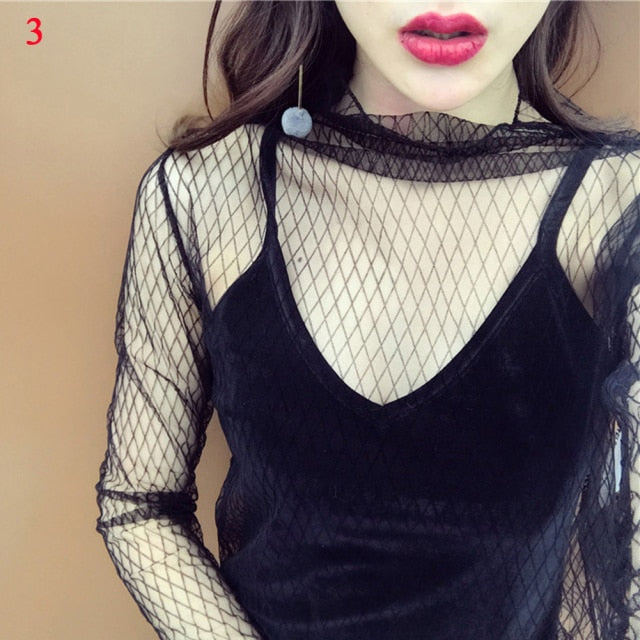 2020 Fashion Brand New Hot Women Sexy Long Sleeve See Through Mesh Fishnet Casual Top Tee Shirt Sheer Black Lace Star Dots