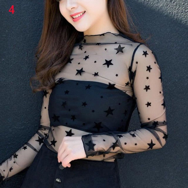 2020 Fashion Brand New Hot Women Sexy Long Sleeve See Through Mesh Fishnet Casual Top Tee Shirt Sheer Black Lace Star Dots