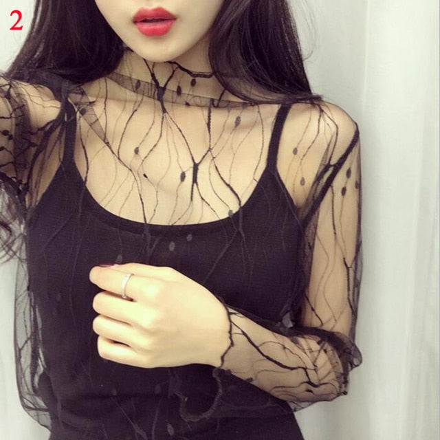 2020 Fashion Brand New Hot Women Sexy Long Sleeve See Through Mesh Fishnet Casual Top Tee Shirt Sheer Black Lace Star Dots