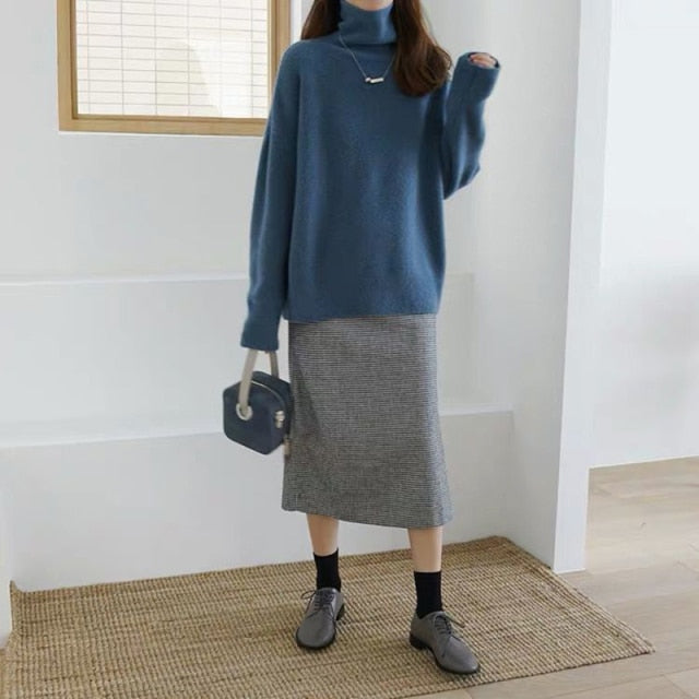 WYWM Turtle Neck Cashmere Sweater Women Korean Style Loose Warm Knitted Pullover 2021 Winter Outwear Lazy Oaf Female Jumpers