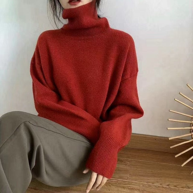 WYWM Turtle Neck Cashmere Sweater Women Korean Style Loose Warm Knitted Pullover 2021 Winter Outwear Lazy Oaf Female Jumpers