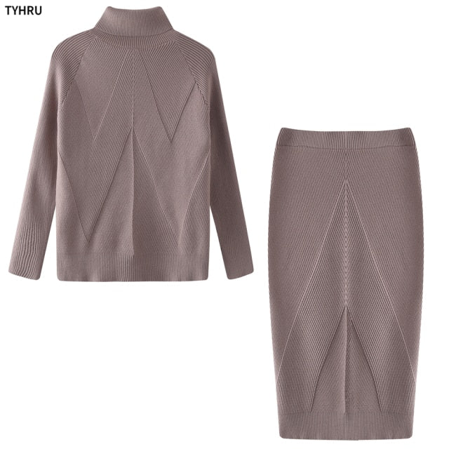 TYHUR Autumn Women&#39;s Knitting Costume Turtleneck Solid Color Pullover Sweater + Slim Skirt Two-Piece Set