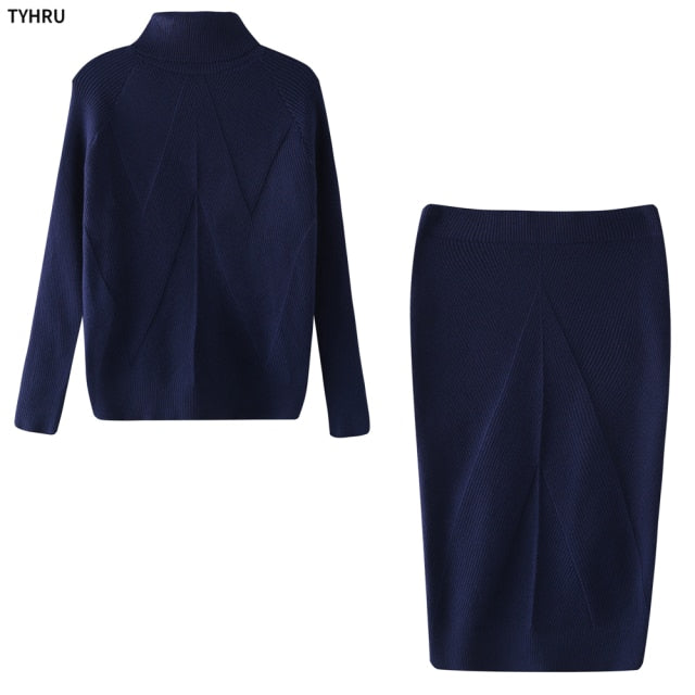 TYHUR Autumn Women&#39;s Knitting Costume Turtleneck Solid Color Pullover Sweater + Slim Skirt Two-Piece Set