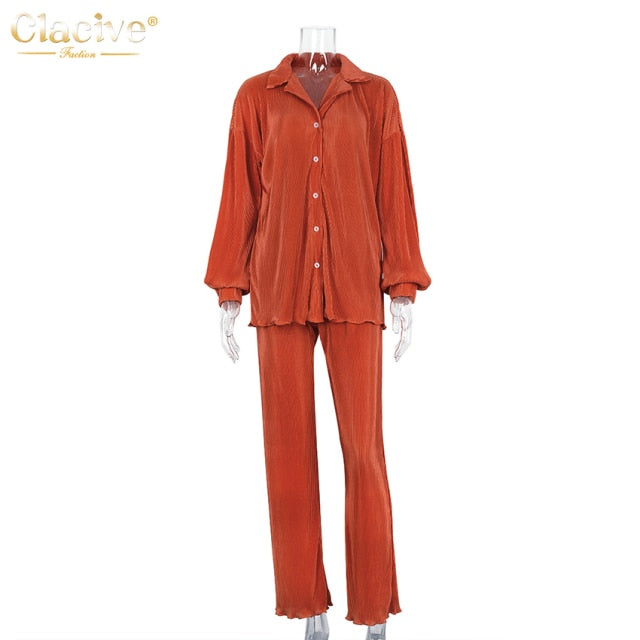 Clacive Causal Loose Home Suit Autumn Long Sleeve Blouse With High Wasit Pants Set Women Elegant Pleated Beige 2 Piece Pant Sets