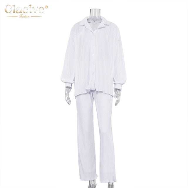 Clacive Causal Loose Home Suit Autumn Long Sleeve Blouse With High Wasit Pants Set Women Elegant Pleated Beige 2 Piece Pant Sets