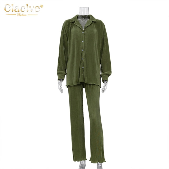 Clacive Causal Loose Home Suit Autumn Long Sleeve Blouse With High Wasit Pants Set Women Elegant Pleated Beige 2 Piece Pant Sets