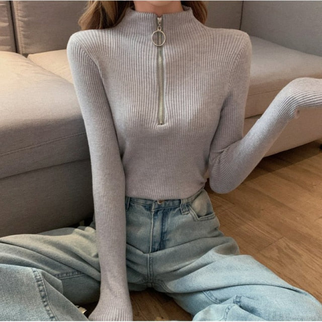 2021 Knitted Women Zipper High Neck Sweater Pullovers Turtleneck Autumn Winter Basic Women Sweaters Slim Fit Black Pull Femme