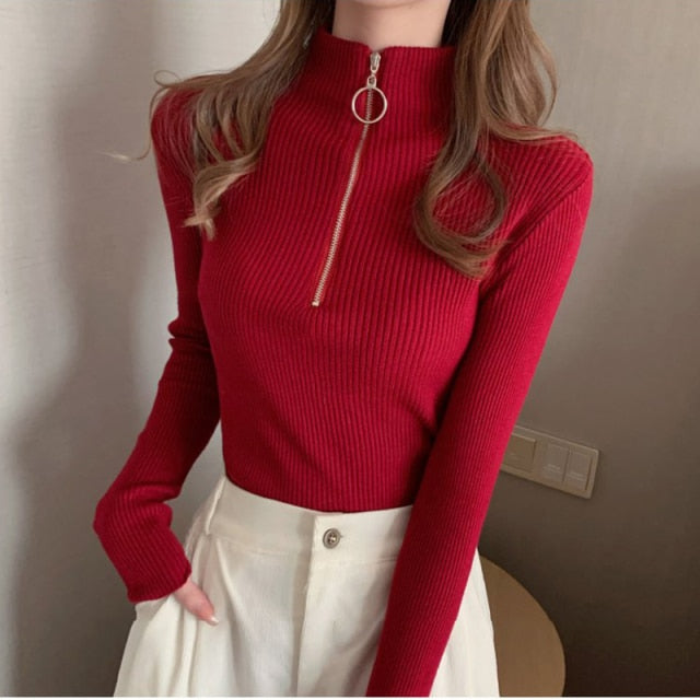 2021 Knitted Women Zipper High Neck Sweater Pullovers Turtleneck Autumn Winter Basic Women Sweaters Slim Fit Black Pull Femme