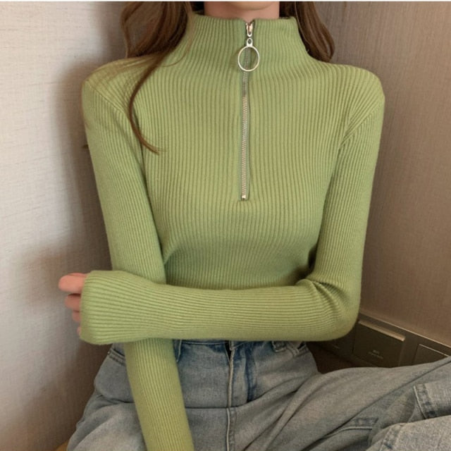 2021 Knitted Women Zipper High Neck Sweater Pullovers Turtleneck Autumn Winter Basic Women Sweaters Slim Fit Black Pull Femme