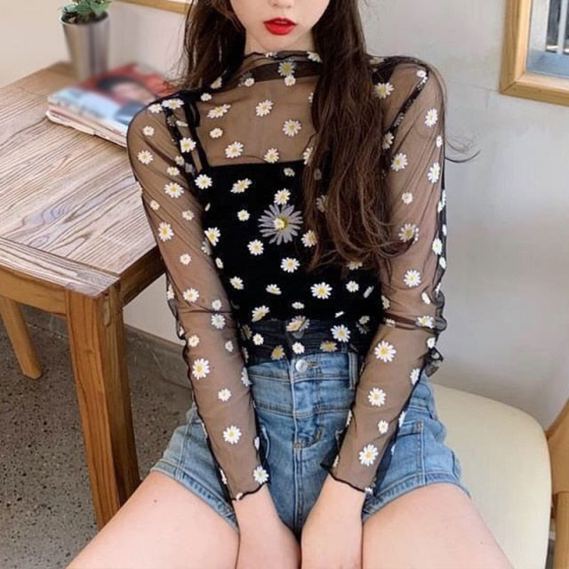 2020 Fashion Brand New Hot Women Sexy Long Sleeve See Through Mesh Fishnet Casual Top Tee Shirt Sheer Black Lace Star Dots