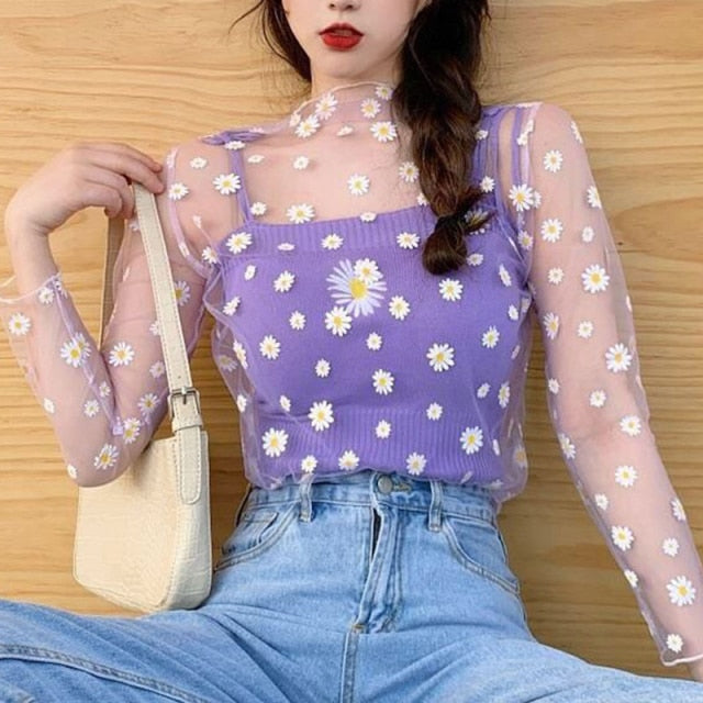 2020 Fashion Brand New Hot Women Sexy Long Sleeve See Through Mesh Fishnet Casual Top Tee Shirt Sheer Black Lace Star Dots