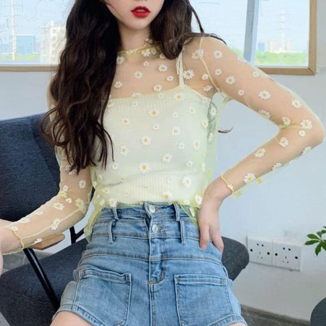 2020 Fashion Brand New Hot Women Sexy Long Sleeve See Through Mesh Fishnet Casual Top Tee Shirt Sheer Black Lace Star Dots