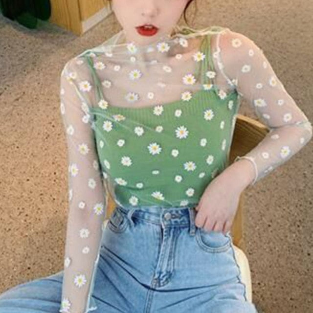 2020 Fashion Brand New Hot Women Sexy Long Sleeve See Through Mesh Fishnet Casual Top Tee Shirt Sheer Black Lace Star Dots