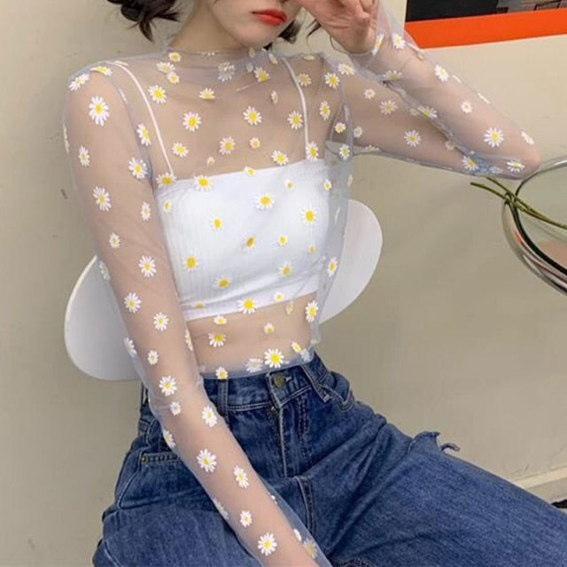 2020 Fashion Brand New Hot Women Sexy Long Sleeve See Through Mesh Fishnet Casual Top Tee Shirt Sheer Black Lace Star Dots