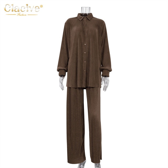 Clacive Causal Loose Home Suit Autumn Long Sleeve Blouse With High Wasit Pants Set Women Elegant Pleated Beige 2 Piece Pant Sets