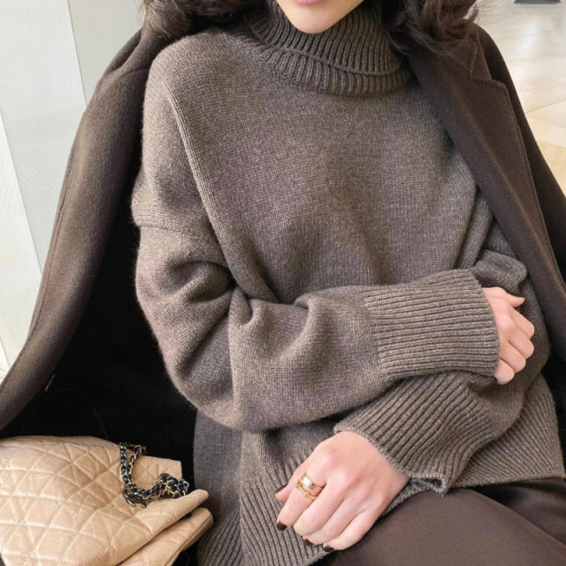 Hirsionsan Turtle Neck Cashmere Winter Sweater Women 2021 Elegant Thick Warm Female Knitted Pullover Loose Basic Knitwear Jumper