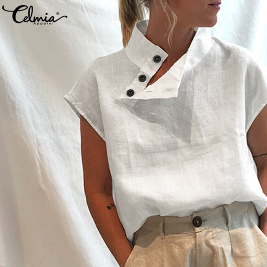 Celmia Women Short Sleeve Blusas 2022 Summer Cotton Linen Shirts Fashion Oversized Blouses Casual Loose Camisas Solid Tunic Tops