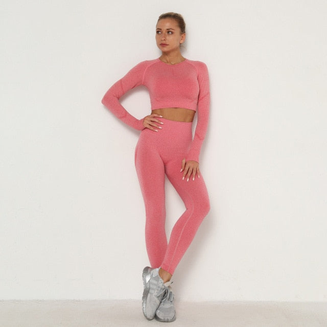 Women&#39;s Sets Skinny Tracksuit Breathable Bra Long Sleeve Top Seamless Outfits High Waist Push Up Leggings Gym Clothes Sport Suit