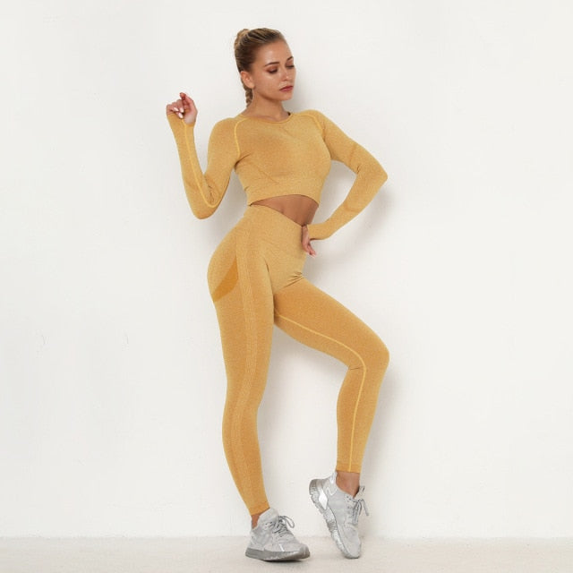 Women&#39;s Sets Skinny Tracksuit Breathable Bra Long Sleeve Top Seamless Outfits High Waist Push Up Leggings Gym Clothes Sport Suit