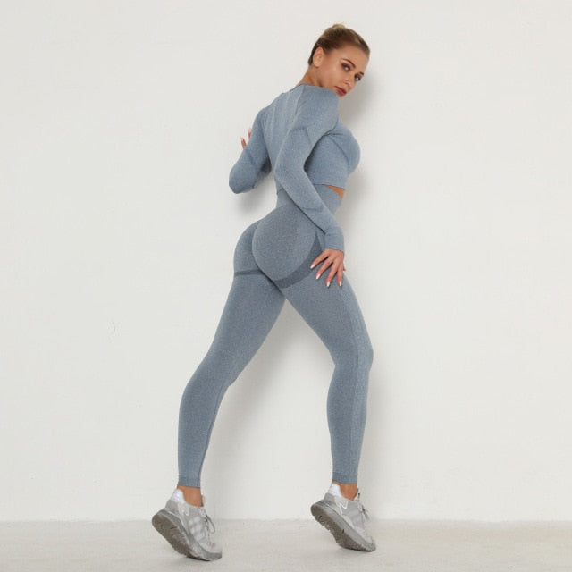 Women&#39;s Sets Skinny Tracksuit Breathable Bra Long Sleeve Top Seamless Outfits High Waist Push Up Leggings Gym Clothes Sport Suit